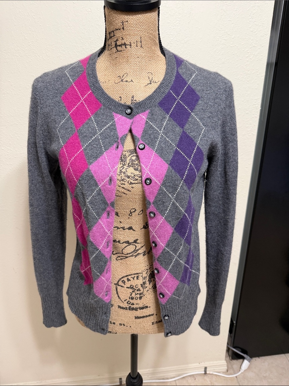 Pure cashmere Gray Argyle Crewneck Cardigan Sweater with Pink & Purple Accents